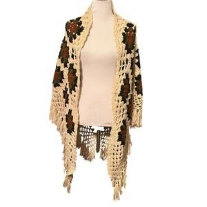 Vintage Sheleen Irish Shawl Wrap Hand Crochet 100% Wool Poncho Sweater Ireland
